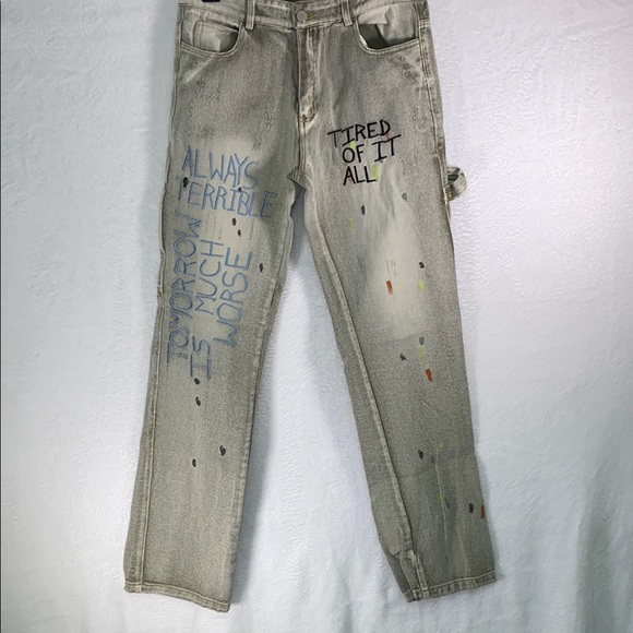 Kasheng Other - Tan Straight-Leg Jeans with Distressed Artistic Flair